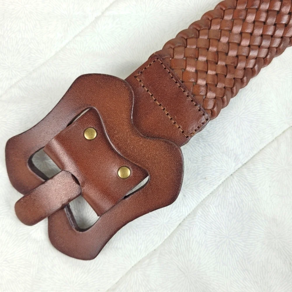 Old Navy brown woven wide leather belt artistic leather buckle boho festival S/M